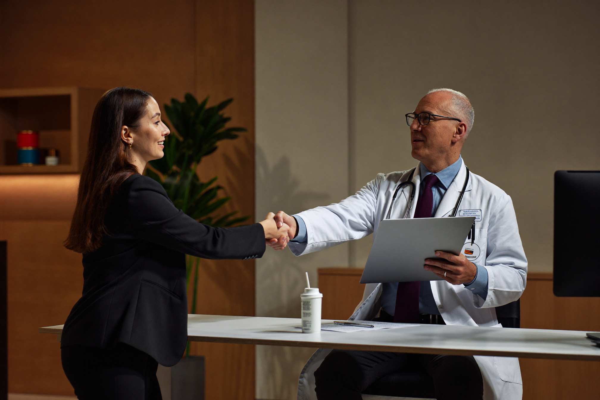 Medical consultant shaking hands with a healthcare provider